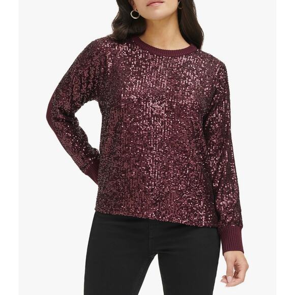Calvin Klein Sequin Front Crew Neck Long Sleeve Sweater in Port Size Medium - Picture 4 of 9